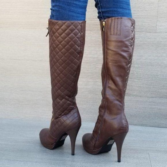 Brown Quilt Knee High Platform Boots - Picture 9 of 11